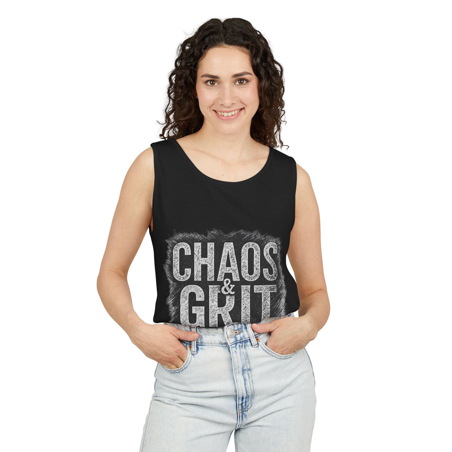 Motivational Tank Top – Chaos & Grit Design, Unisex Workout Shirt, Fitness Gift, Summer Activewear for Men & Women